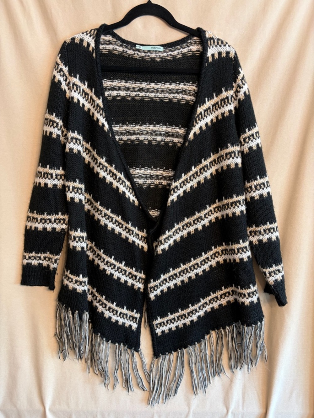 Maurices Black & Cream Striped Fringe Open-Front Cardigan